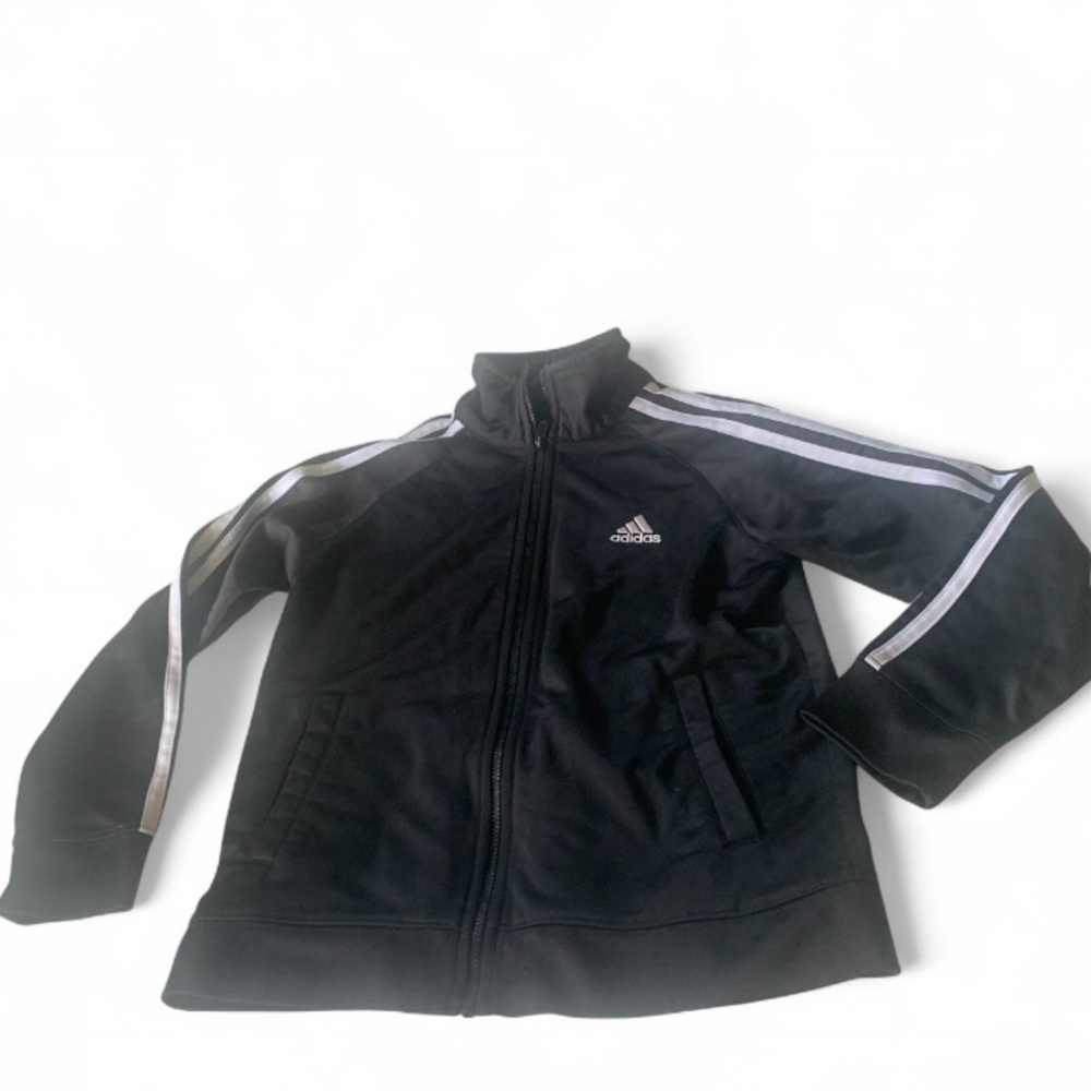 💕 adidas three stripe Black  zip up Jacket kid size 7 unisex school